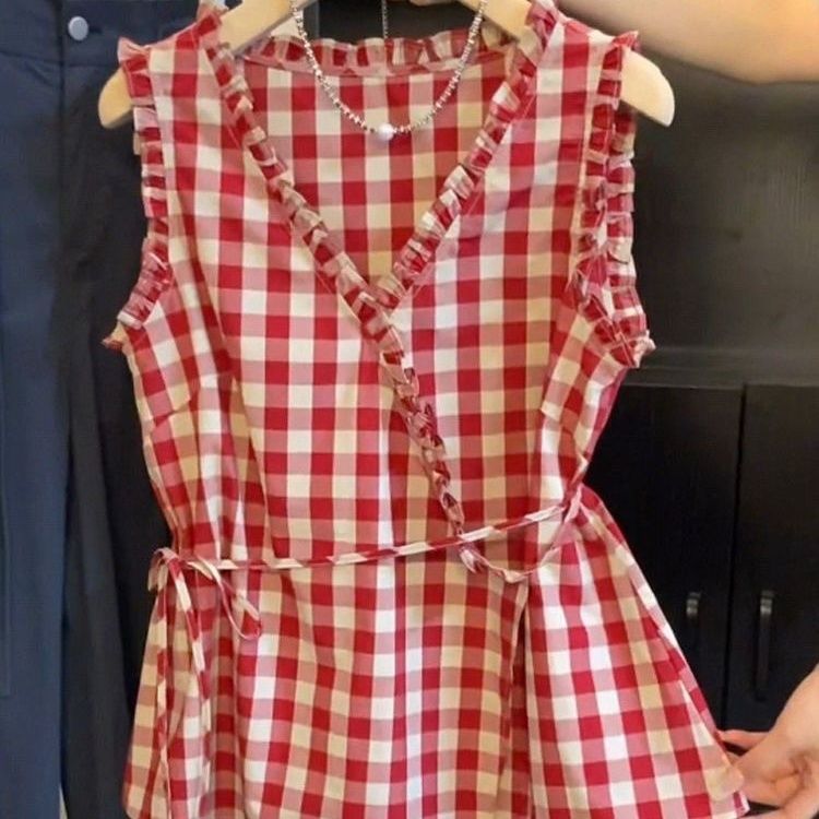 Corset Waist Cinch - เสื้อกั๊กแขนกุดลายสก๊อตสีแดงสไตล์เรโทรสำหรับผู้หญิง ฤดูร้อน ทรงเข้ารูป แต่งลายไม้ หรูหรา พร้อมเข็มขัด
