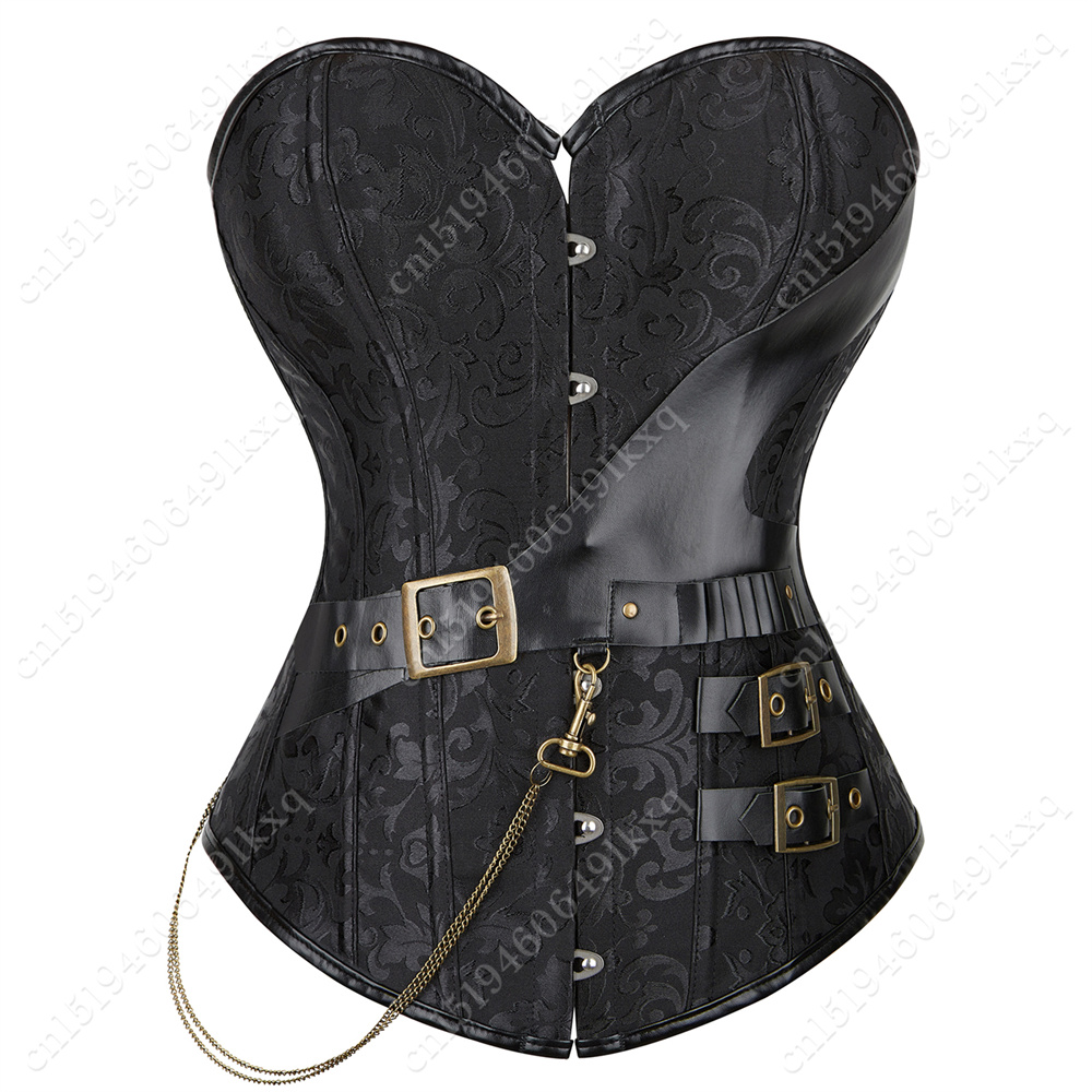 Corset Waist Cinch - คอร์เซ็ตสำหรับผู้หญิงสไตล์วินเทจแบบกอธิคคอร์เซ็ทสีดำแจ็คการ์ดเสื้อรัดทรงสตรีมพังค์แบบหนังสังเคราะห์พร้อมโซ่สีน้ำตาล